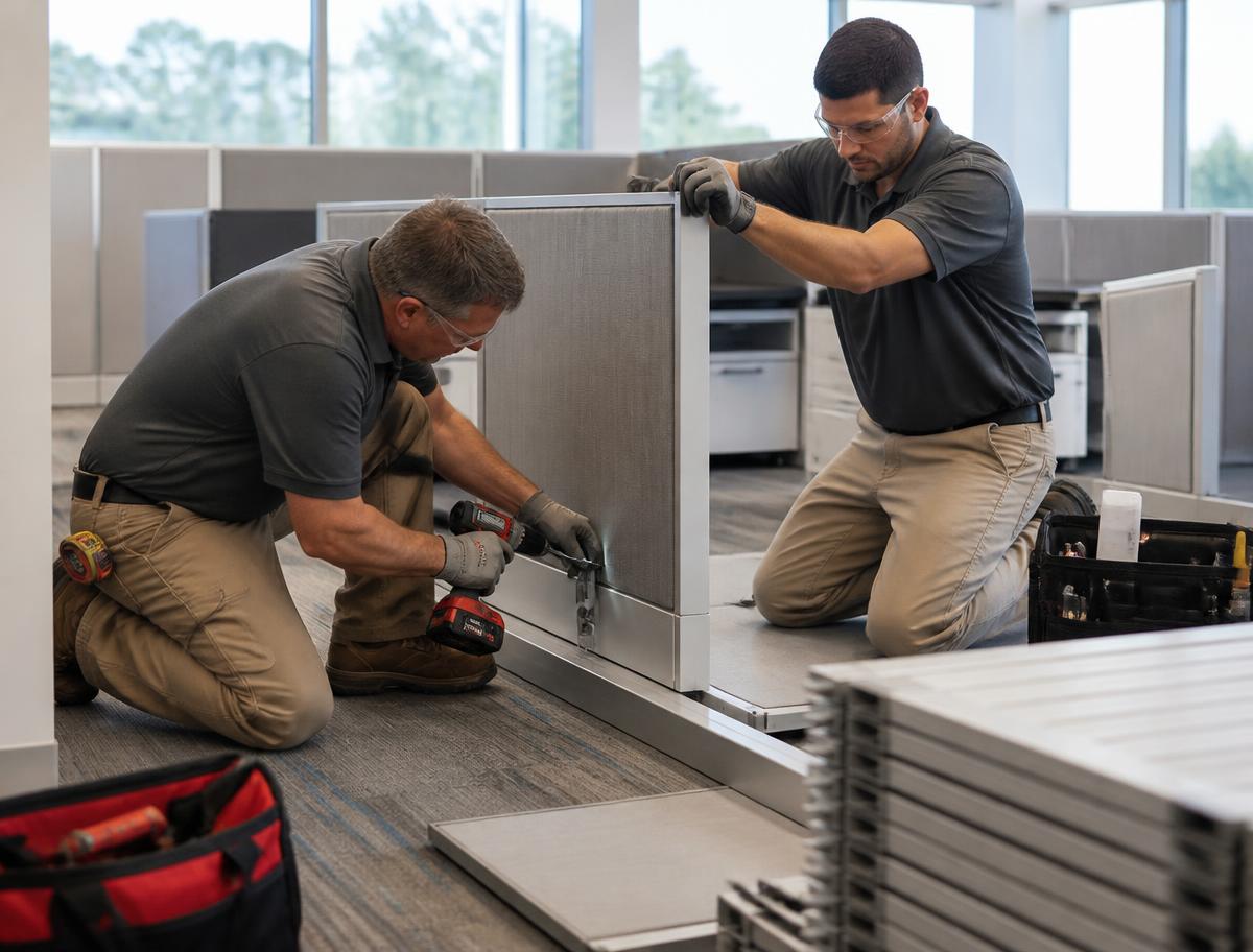 Installers assembling modular office panels
